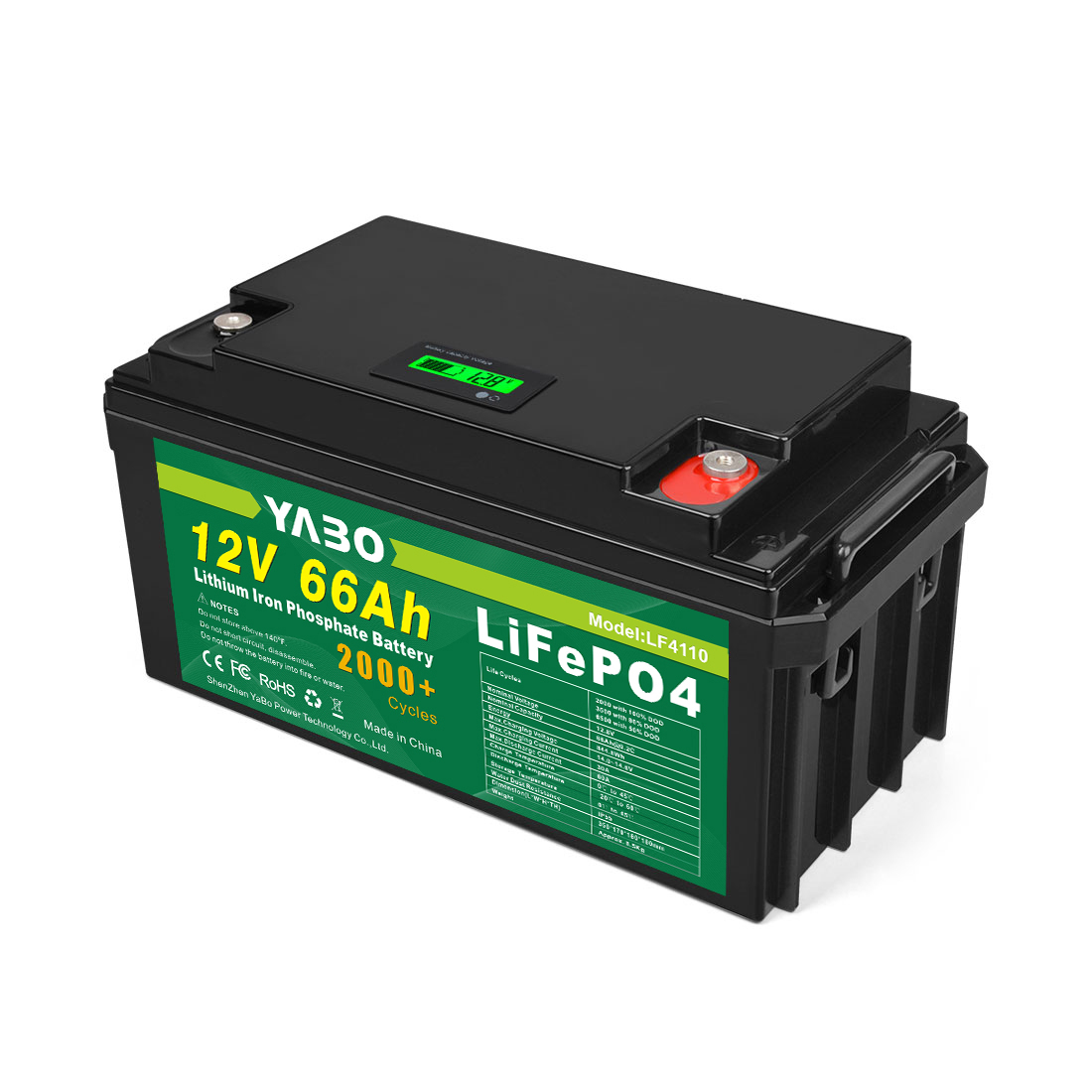 YABO 12V 66Ah LiFePO4 batterij met trillingsweerstand voor huisopslag